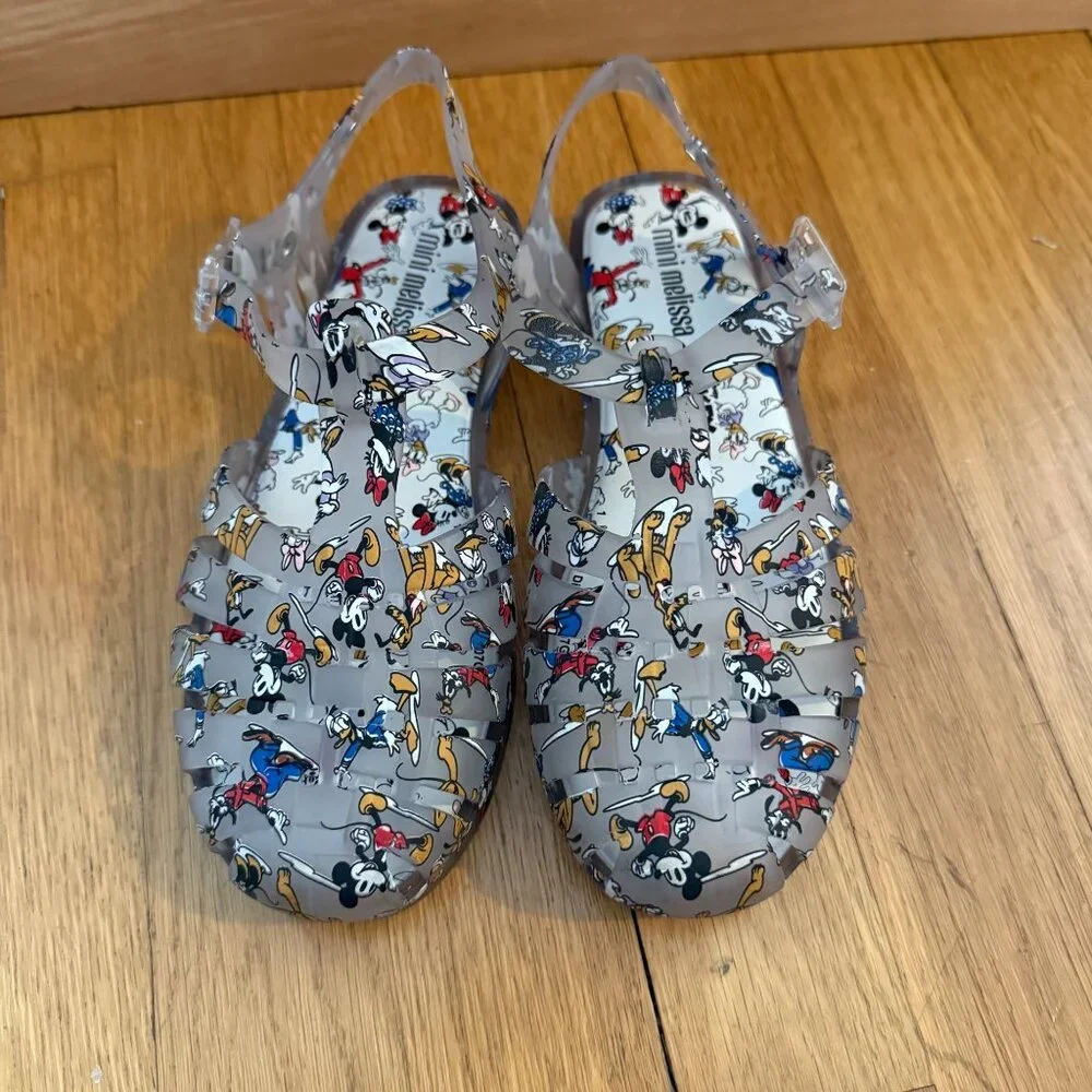 Disney x Mini Melissa Size 2 Gray Mickey & Friends Roman Fisherman Jelly Sandals